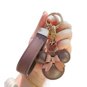 NWT Leather Minnie Mouse Gold & Brown Bracelet Keychain  Set